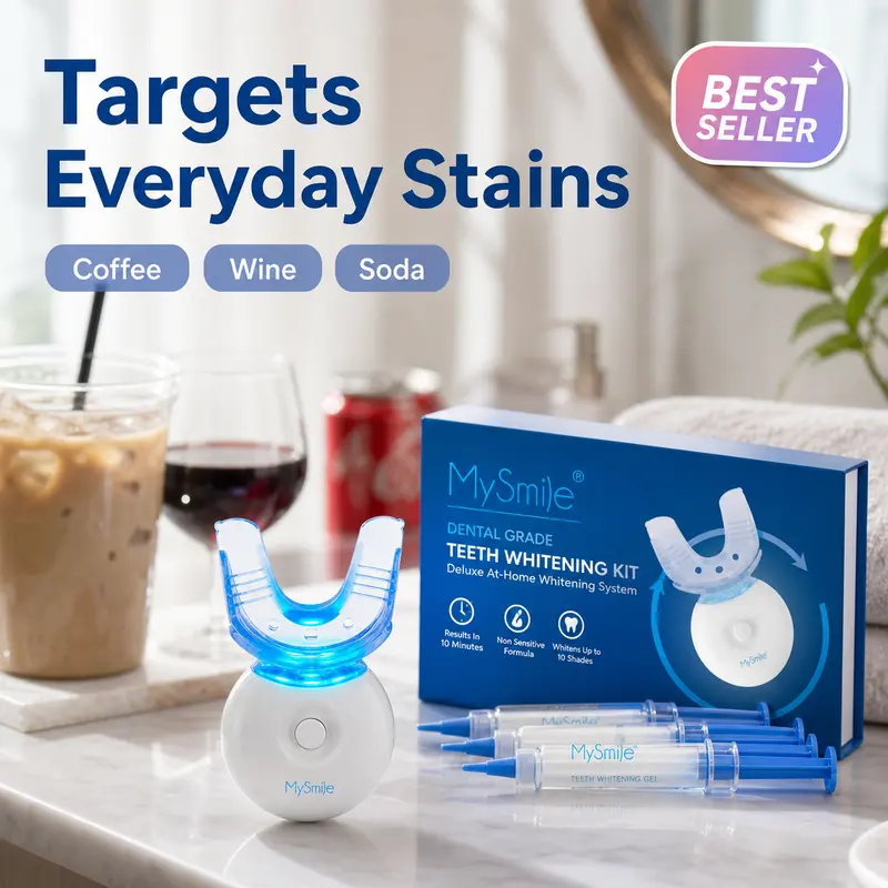 MySmile 10-Min Teeth Whitening Kit - 5 Blue Light LED Mouthpiece, Unscented Carbamide Peroxide Gel, Oral Stain Remover for Coffee & Wine Stains (Sensitive Teeth Friendly, Teeth Brightening), Teeth Brightener, Moisturizing, Batteries