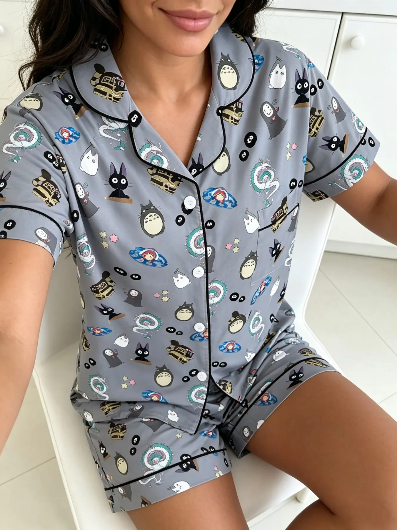 Teen Anime Cat and Dragon Print Pajama Set, Short Sleeve Open Front Top with Shorts, Soft Home Wear, Cute Anime Lover Sleepwear, Loungewear Pjs, Matching Pj Set