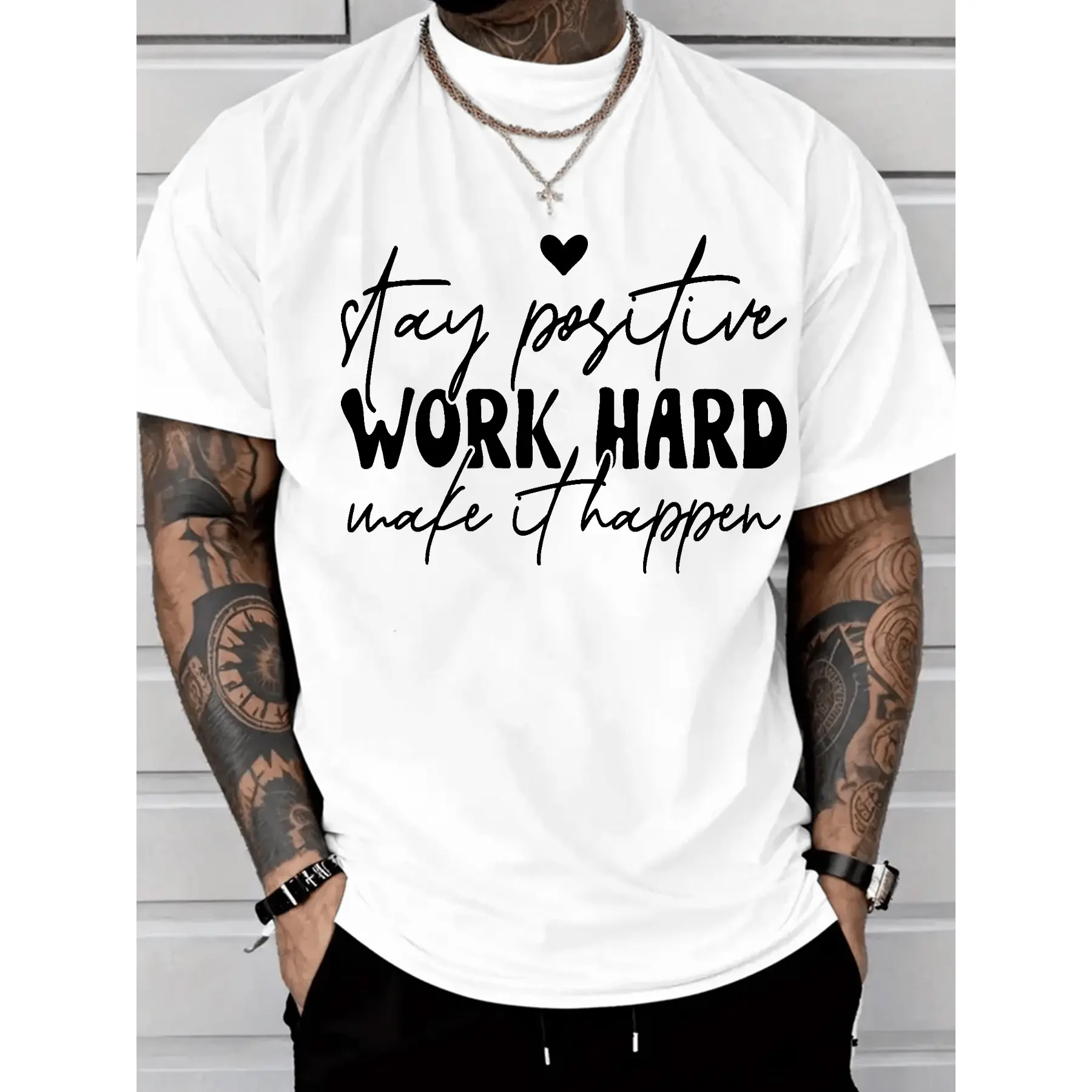 Men's 'Stay Positive' Graphic Print T-Shirt, Casual 100% Cotton Short Sleeve Round Neck Unisex Fit Shirt