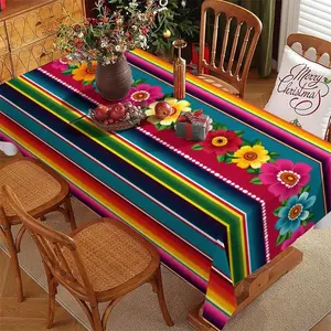 Vibrant Striped & Floral Polyester Tablecloth, Multi - Color Rectangular, Multiple Specs, Easy to Clean, Perfect for Daily, Festival & Anniversary Use, Creates Festive Homey Atmosphere, Ideal for Dining Table, Hot - Selling Home Textile
