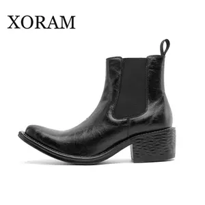 Chelsea Ankle Boots for Women, Distressed Square Toe Footwear with a Chunky Heel, Elastic Side Panels and Slip-Resistant Sole, Shoe
