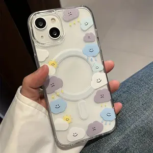 joyful Cloud Magnetic Shell Transparent Compatible with iPhone 16 15 Pro Max Plus 14 13 12 mini 11 X XR XS Beautiful Gift Durable shockproof Anti-Scratch PC Protective Case Design Offers Shockproof Supports Magnetic Wireless Charging