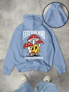 Men's Mushroom Smiley Face Hoodie, Adjustable Drawstring Design, Street Style, Fun Print, Casual Comfortable Fashion