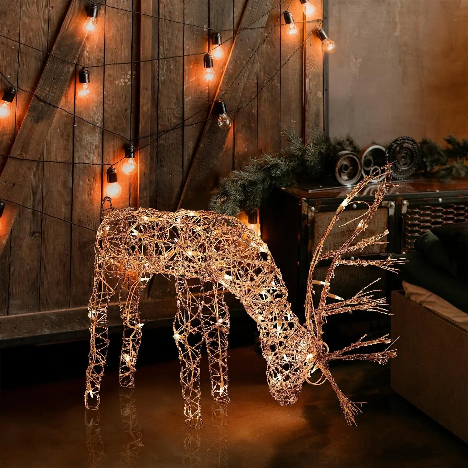 24" Tall Outdoor Rattan Grazing Reindeer Lawn Decoration with White LED Lights, Indoor/Outdoor Christmas Holiday Yard Decor Garden Display