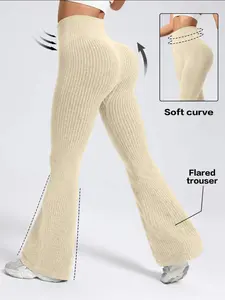 Women's Fall Seamless Knit Textured Yoga Flare Pants, Gym Workout Leggings, Athleisure Style Bottoms, High Waist Butt Lifting Abdomen Control, All-Season Sports Clothing, Flared Workout Leggings