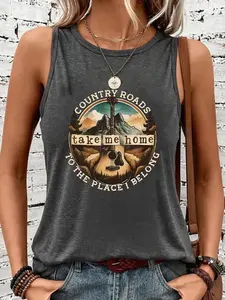 Vintage Guitar Landscape Print Casual Round Neck Women's Vest, Soft Elastic, Fitted, Sleeveless, Long, Suitable for All Seasons