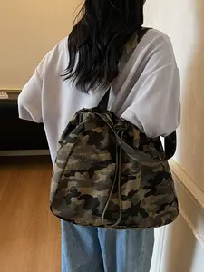 Camouflage Drawstring Large Capacity Tote Bag, Canvas Shoulder Handbag, Daily Commute Casual Women's Bag, Fashionable and Practical