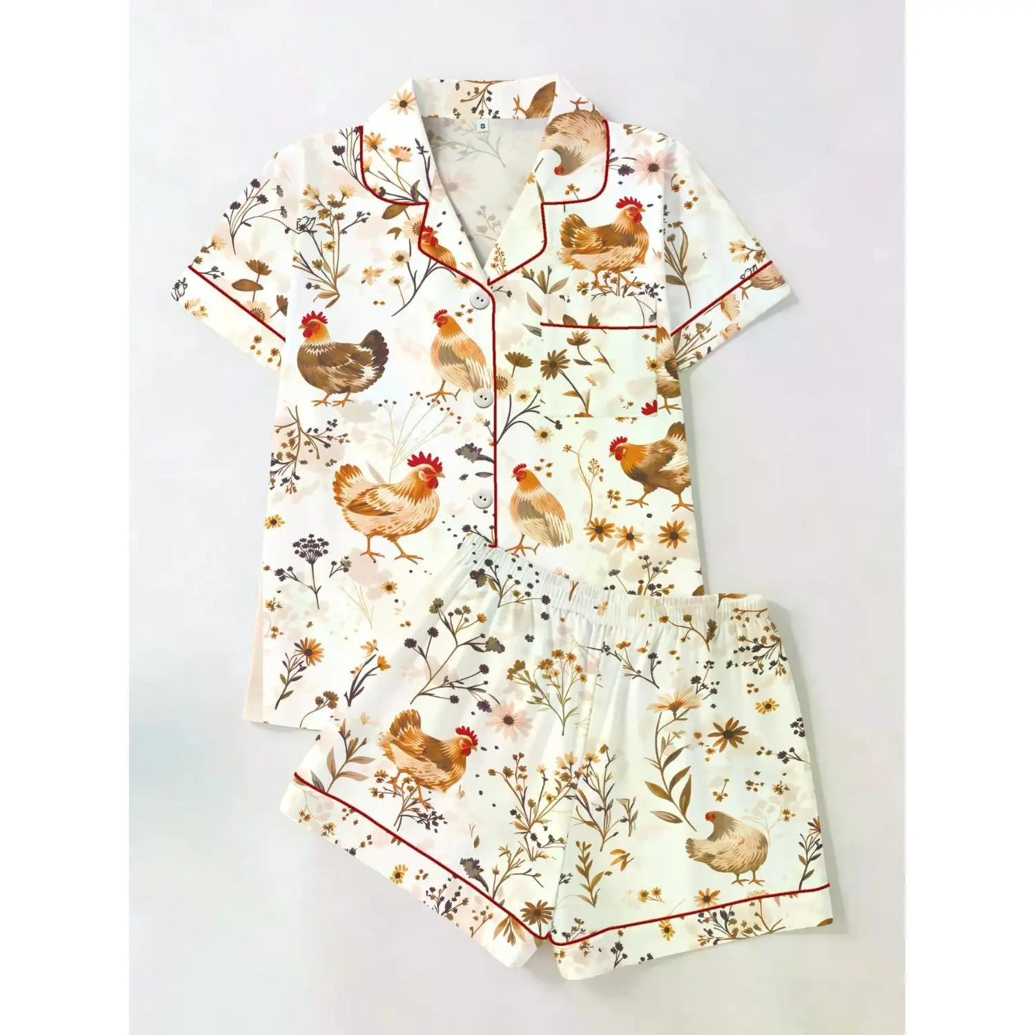 Cure-Style Farmhouse Rooster Floral Print Fitted Short Sleeve Top and Shorts Set, Vintage Country Women's Casual Sleepwear Two-Piece Suit, Homewear Loungewear Pj Set