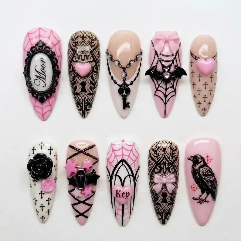 Dark Coquette Press-on Nails, Gothic Romantic Almond Style with Pink & Black Lace, Bat & Heart Accents, Goth Aesthetic Nail Art Accessories