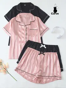 Women's Plus Size Striped Satin Summer Pajama Set, Short Sleeve Lapel Top & Bow Shorts, Casual Home Wear, Moderate Fabric Thickness