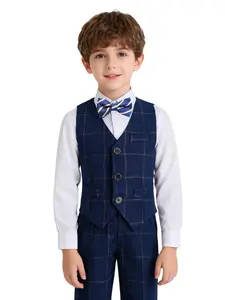 Elegant Plaid 3-Piece Vest Set for Toddlers, Kids & Teen Boys | Vest + Elastic Waist Pants + Bow Tie | Formal Outfit for Birthdays, Weddings, School Ceremonies & Performances | Sizes 100-150cm (Shirt Not Included)