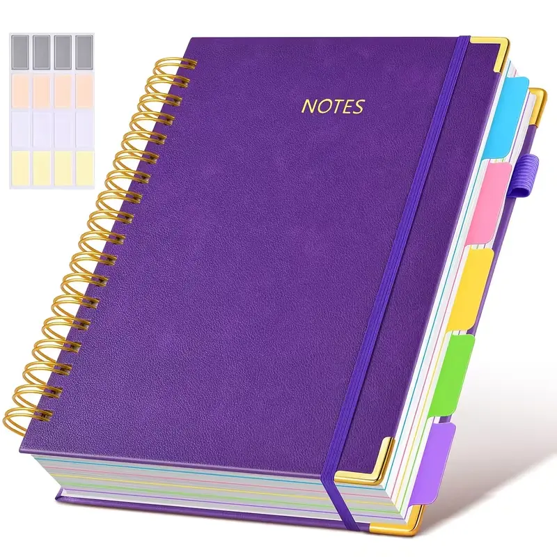 A5 spiral-bound notebook with 5 detachable divider pages and extra sticky labels; a high-quality faux leather lined notebook with 300 sheets, made from 100 g paper, suitable for office use, campus care record keeping, and everyday note-taking; dimensions: