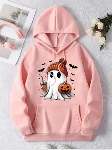 Women's Ghost Print Thermal Lined  Hoodie, Fashion Casual Drawstring Pocket Hooded Sweatshirt for Daily Holiday Outdoor Wear, Women Clothing for Fall & Winter, Halloween