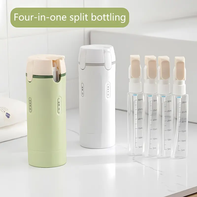 Portable 4-in-1 travel dispenser for toiletries, TSA-approved refillable travel-size bottles with leakproof design, compact shampoo/lotion/conditioner containers—makeup skincare travel accessories gift set