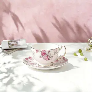 Aynsley Elizabeth Rose Fine Bone China Teacup and Saucers Set Elegant Floral Kitchenware Drinkware Lead-Free Cadmium-Free