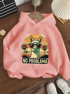 Girls' Hooded Sweatshirt 'alpaca No Problama,' Retro Sunglasses Design, Casual Fitted Kids Clothing, Soft Fabric, Spring & Fall