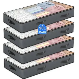 4 Pack 90L Under Bed Storage Containers, Closet Organizers and Storage Bins, Foldable Underbed Storage Bags, Closet Organization for Linen Sheets, Blanket, Clothing, Comforter, Sweaters, Pillows, Wrapping Paper, Grey