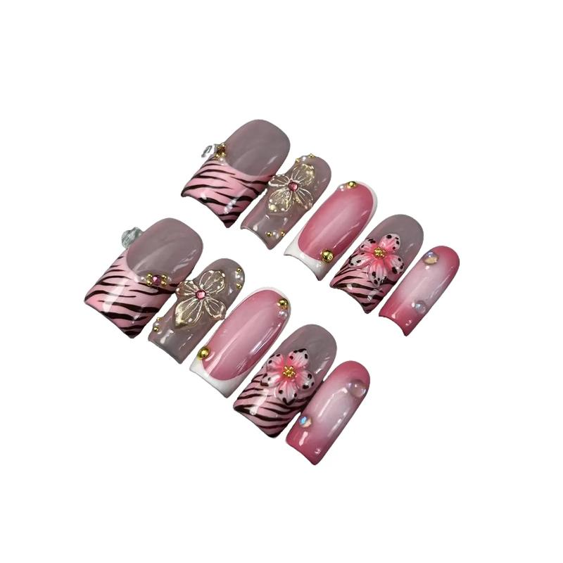 Handmade 3D Flower Nail Art Set with Zebra Print and Gold Accents for Stylish Manicures Elevate Your Nails with Depth Dimension and Bold Pattern