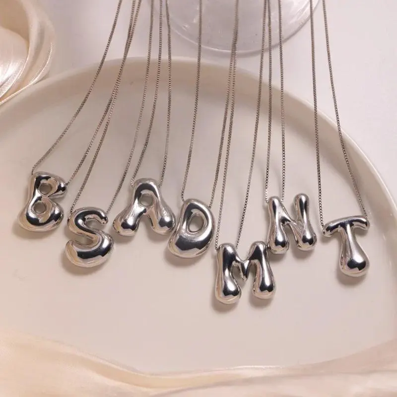 Custom Initial Stainless Steel Necklace with 26-Letter Pendant, Chunky Silver Long Box Chain Collar, Couple-Themed Bubble Necklace for Daily Wear, Versatile Fashion Jewelry Accessory, Chunky Silver Necklaces, Bubble Necklaces