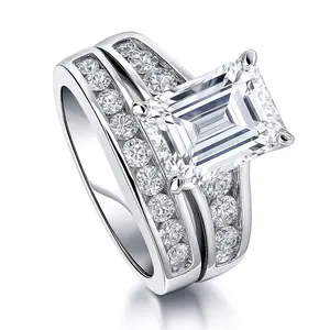 BERRICLE Sterling Silver Solitaire Engagement Rings Statement Stackable Band for Women, 3.8 Carat Emerald Cut Cubic Zirconia CZ Ring Set