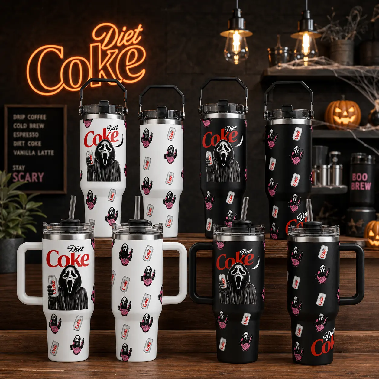 Ghostface Inspired Diet Coke Tumbler 40oz 30oz 20oz, Halloween Insulated Stainless Steel Travel Mug with Handle, Horror Fan Gift