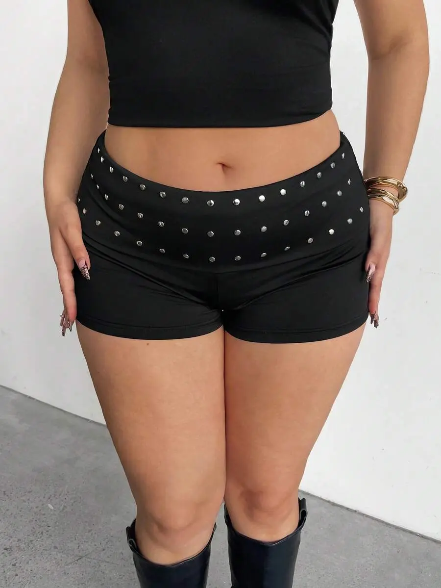 Curvera x Auralis Plus Size Women Summer Casual Sexy Cow Girl Streetwear Fashion Street Punk Rivet Decor High Waist Shorts Clubbing Going Out Date Night Black Short
