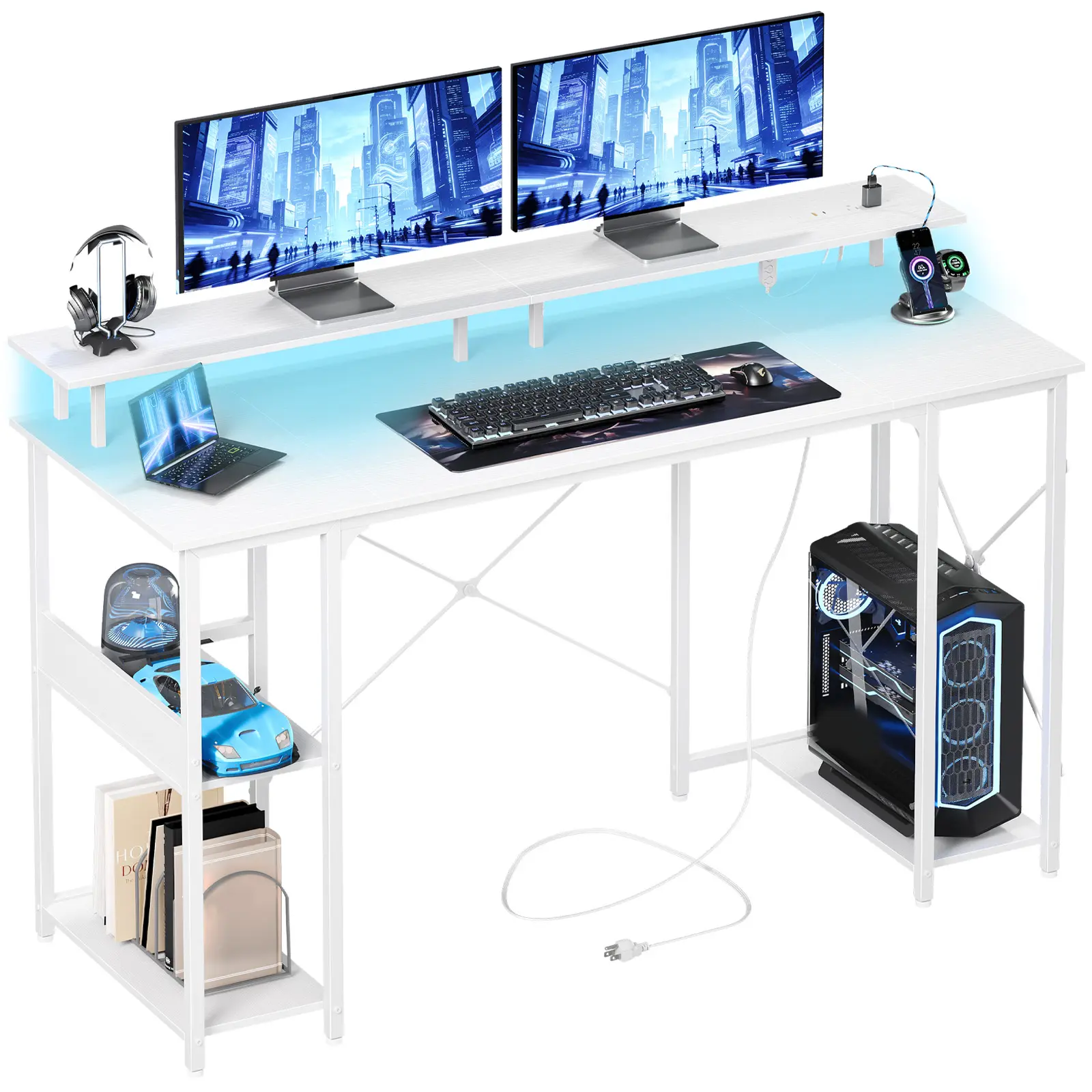 【Back to School Essentials】Somdot  New & Improved Design Gaming Desk with Monitor Stand & Power Outlet, 47.2” Computer Desk with LED Lights, Reversible Side Storage Shelves, X-Shaped Frame Home Office Writing Desk