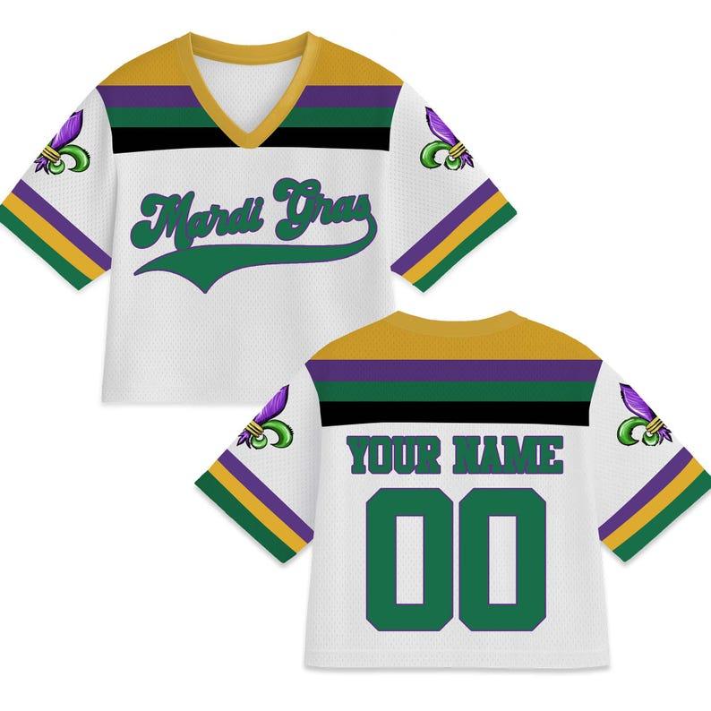 Personalized Mardi Gras Crop Top Football Jersey, Custom Name Mardi Gras Football Jersey, Jersey Uniform For Football Fans Mardi Gras Outfit