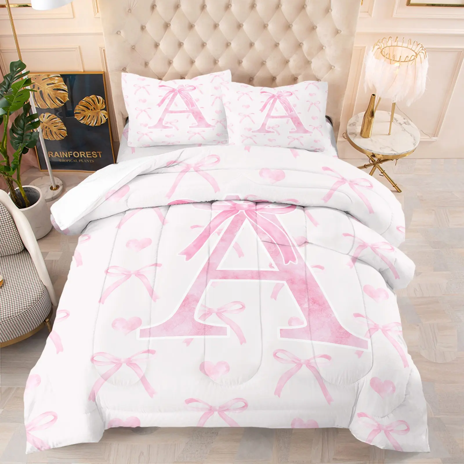 Personalized Initial Letter A Comforter Set, Pink Bow & Heart Pattern, Coquette Style Bedding for Girls Bedroom Decor, Toddler Girl Bedding Set, 1 Quilt + 2 Pillowcases, Twin/Full/Queen Size, Bed Sets Supplies