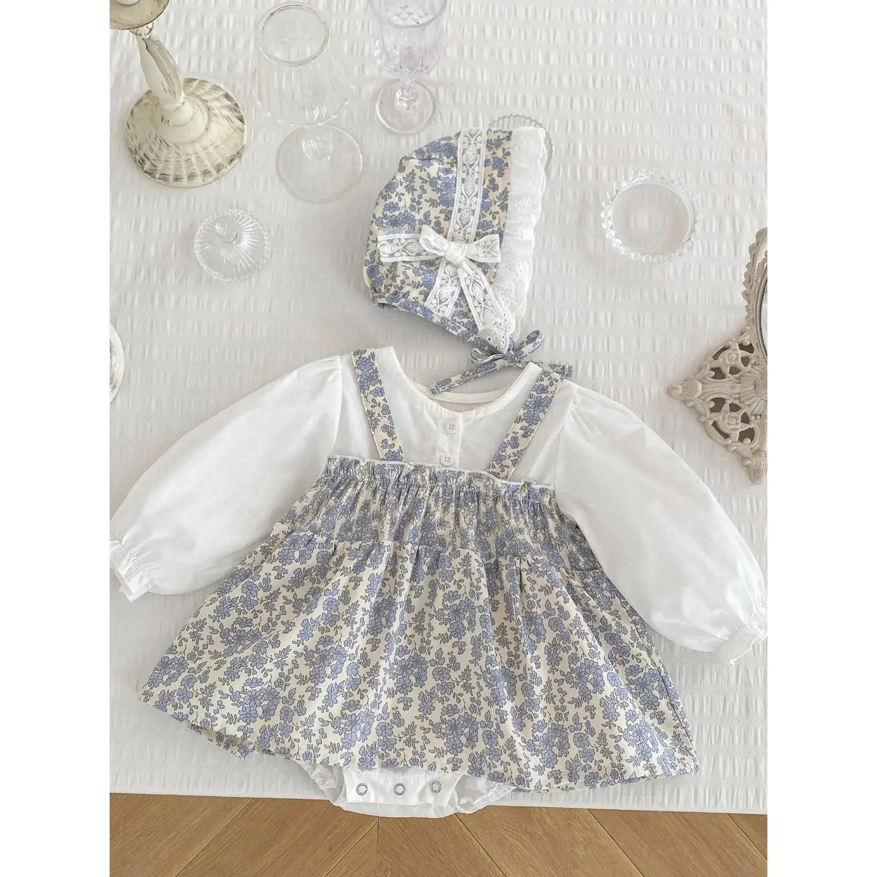 (New) Baby Girls' Autumn Floral 3-Piece Princess Set - Fitted Dress, Hat, Triangle Romper, Stylish Special Occasion Infant Apparel, 3-Piece Set, Cute, Party, Yes