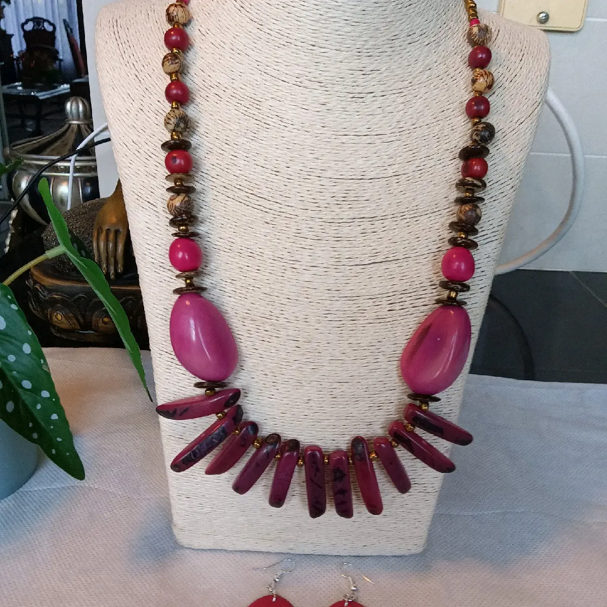 Artisanal Tagua Nut Necklace, Earrings, Multicolor, handmade in Ecuador Organic jewelry