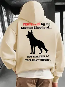 New "German Shepherd" monogram graphic print kangaroo pocket hoodie, spring and winter printed hoodie top loose style, warm lining and drawstring design, comfortable fall and winter long sleeve casual hoodie men's clothing