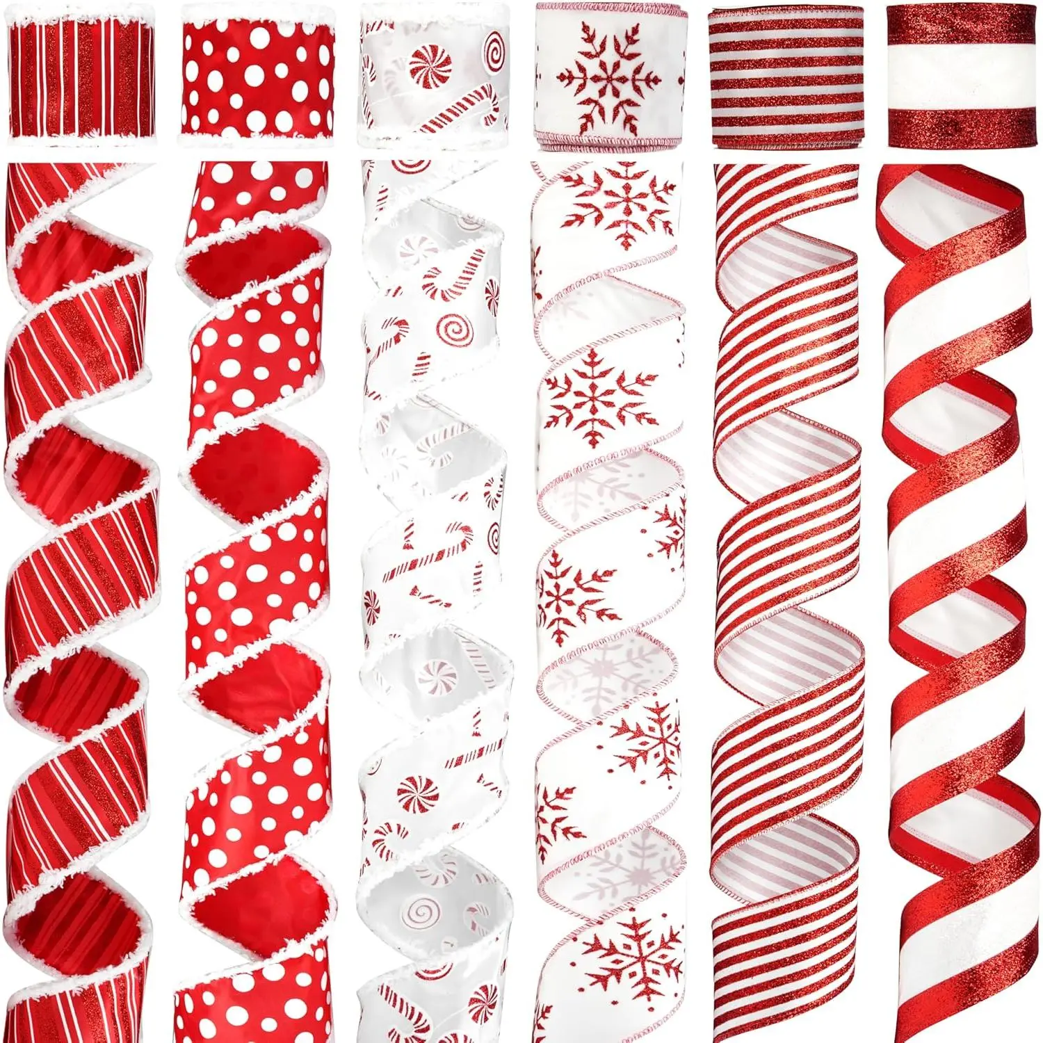 Christmas Ribbon Wired 2.5" Red and White Christmas Tree Ribbon Garland Candy Cane Wired Ribbon for Wreaths, Tree Topper Bows, Crafts, Home Decor, Gift Wrapping, 6 Rolls 36 Yards Total