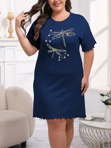 Women's Plus Size Summer Sleeprobe, Comfortable Elastic Pajamas, Nightwear, Animal and Butterfly Print, Lettuce Hem, Round Neck Short Sleeve