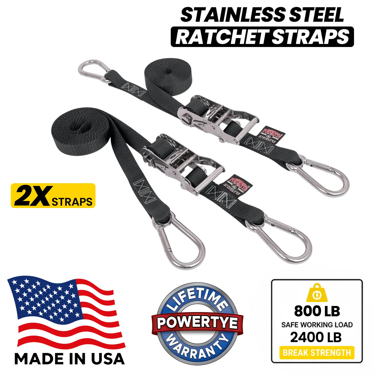 PowerTye 1 inch x 10ft Stainless Steel Ratchet Straps with Stainless Steel Carabiner Hooks, 800lb Working Load / 2400lb Break Strength, for Boats, Cargo & Marine Use, Made in USA (2-Pack) - See Available Color options!