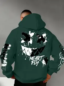 Men's Fall Winter Streetwear Graffiti Smiley Print Hoodie, Casual Drawstring Hooded, Casual Fitted Design, Trendy Graphic Sweatshirt for Urban Style, Casual Fashion Sweatshirt, Funny Graphic Sweatshirt
