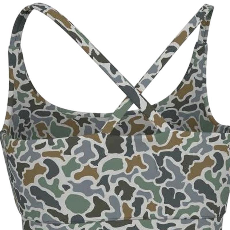 Women's Camouflage Print Sports Bra, Crisscross Back Fun Yoga Fitness Bra with Medium Support, Breathable Stretchy Workout Bra for Gym, Yoga, Running & Daily Active Wear, Trendy Camo Activewear Top
