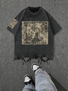 Men's Vintage Letter Print Raw Hem Round Neck Tee, Regular Fit Casual Short Sleeve T-shirt, Men's Summer Top for Daily Wear, Cotton