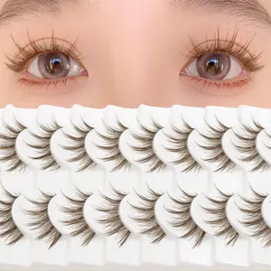 AUGENLI Brown Eyelashes Natural Look Wispy 14mm 3D Spiky Fluffy Style Lashes With C Curl Thin Clear Band Strip False Eyelashes 10Pairs