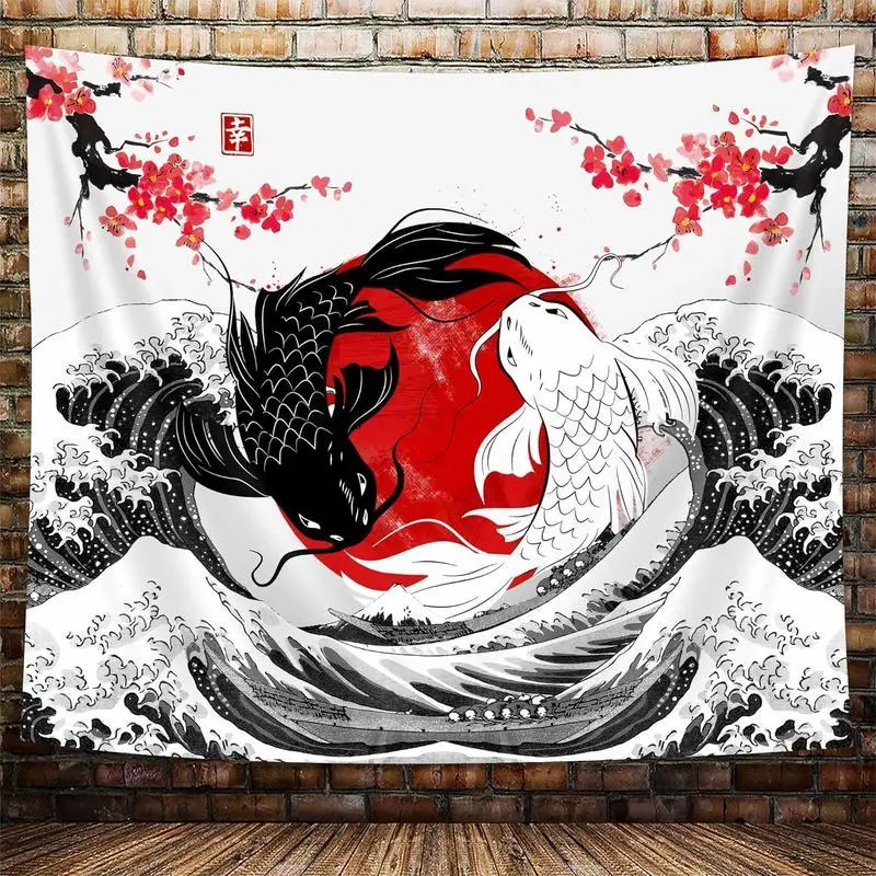 Japanese Anime Tapestry, Black and White Yin Yang Koi Fish Tapestry for Bedroom Aesthetic, Asian Wave Cherry Blossom Tapestries Poster
