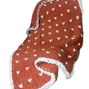 Chunky Knit Throw 50" X 60" 100% Hand Made Large Chenille Loop Yarn Fluffy Throws for Couch Sofa Big Crochet Heavy Thick Cable Woven Blankets Taupe with Heart Pattern