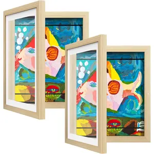 2 Pack Kids Art Frames, Kids Artwork Frames Changeable 8 x10.5 with Mat and 9 x12 Without Mat, Woodgrain Front Opening Children Picture Storage Frame for Wall Holds 50Pcs Crafts, Drawing, Art Projects