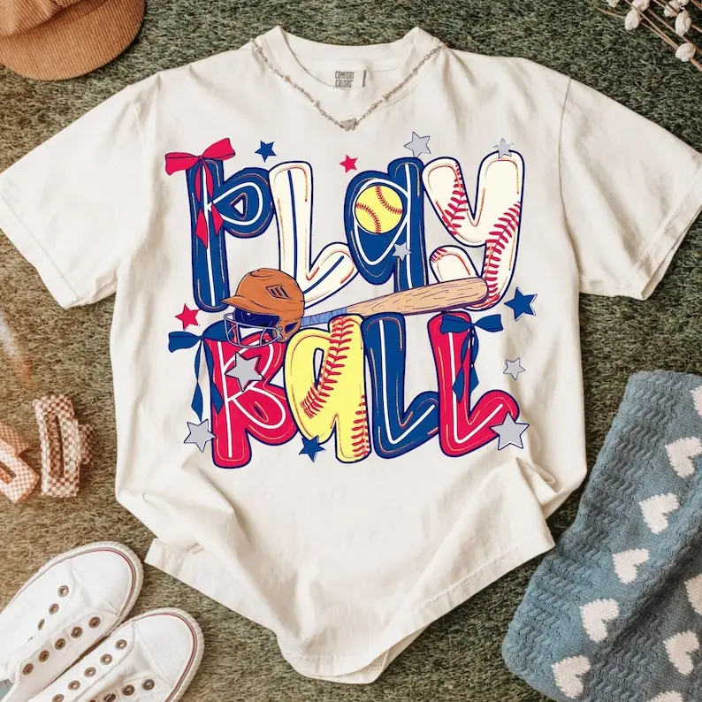 Comfort Colors® Play Ball Ballpark Tshirt, Game Day Tshirt, Preppy Baseball Bow Glitter Tshirt, BaseballSoftball Mom Tshirt, Game Day Sports, Home Run Tshirt