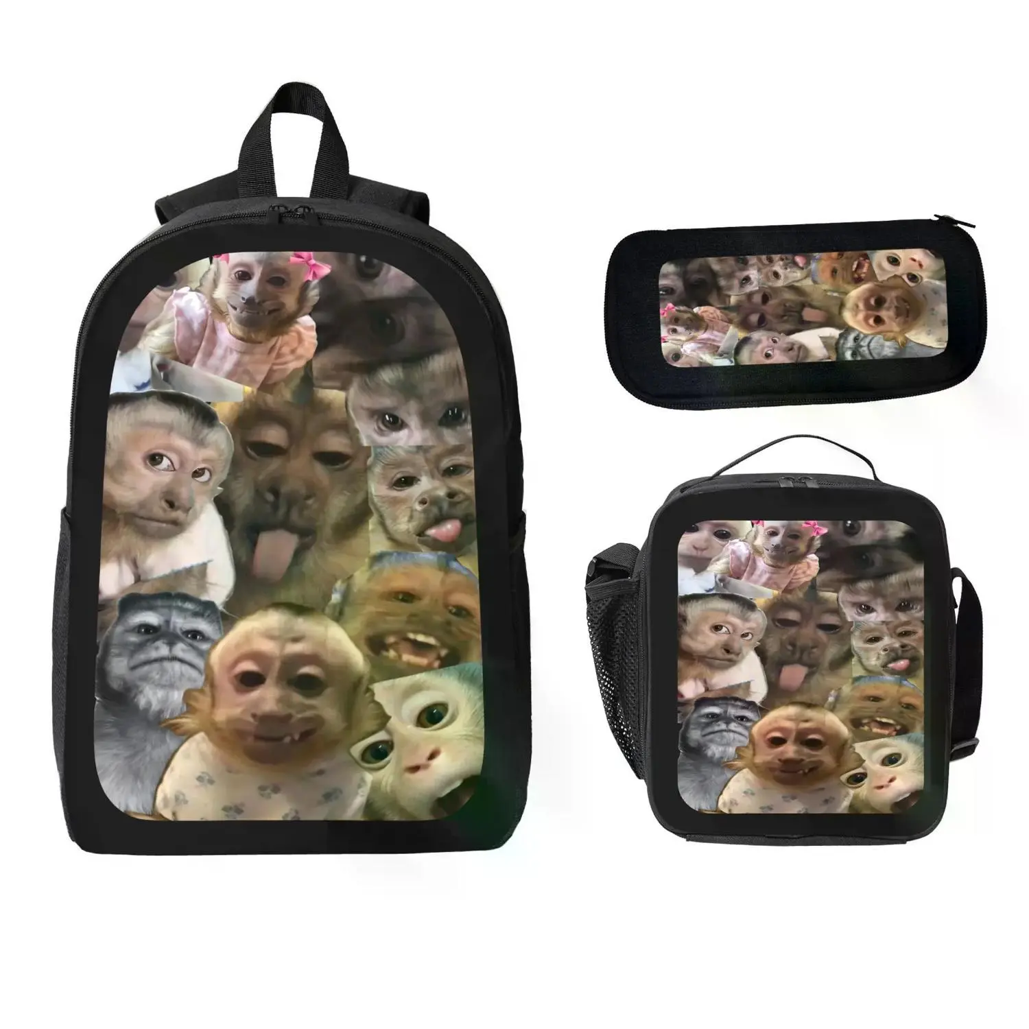 Monkey Ape Backpack Set | Durable Polyester School Bookbag, Lunch Bag, Pencil Case | Lightweight Large Capacity Travel Daypack | Funny Meme Graphic Viral Trendy Bag for Boys, Girls, Teens & Students Back To School Supplies