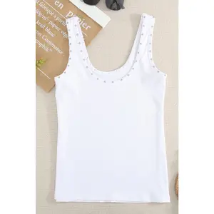 White Silver Studded Women's Ribbed Tank Top