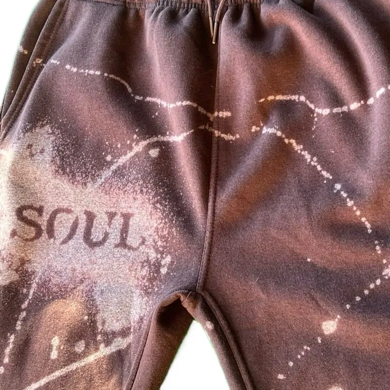 Men's Bleached Brown Sweatpants Splatter Dyed Joggers Size XL Double Sided Soul Logo Front & Back Comfortable Fit