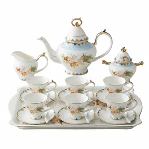 22-Piece Bone China Tea and Coffee Set, Chamber of Golden Cicadas Tea Set with Storage Tray and Swan Spout, Light Luxury Vintage Floral Porcelain Cups and Saucers for Tea Party, Household, Wedding Gift, Housewarming, Birthday Gift