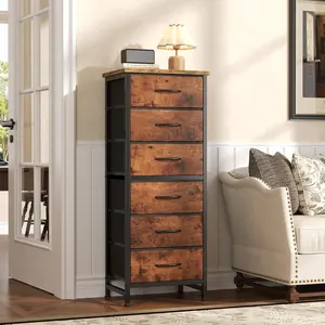 Dresser for Bedroom, 6 Drawer Fabric Chest of Drawers, Narrow Tall Storage Organizer Tower with Wood Top & Steel MDF Metal Frame, Non-Woven Fabric Drawers Vertical Nightstand, Multi-scene Storage Furniture for Closet Entryway Bedroom