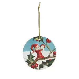 Vintage Santa Elf Ceramic Christmas Ornament - White Circle/Star/Heart/Oval