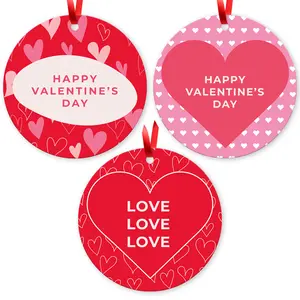 Soul Décor - Valentines Ornaments Décor, Happy Valentines Day Love, (Set of 3) Large 3.75" Round Metal Ornament, with Red Satin Ribbon